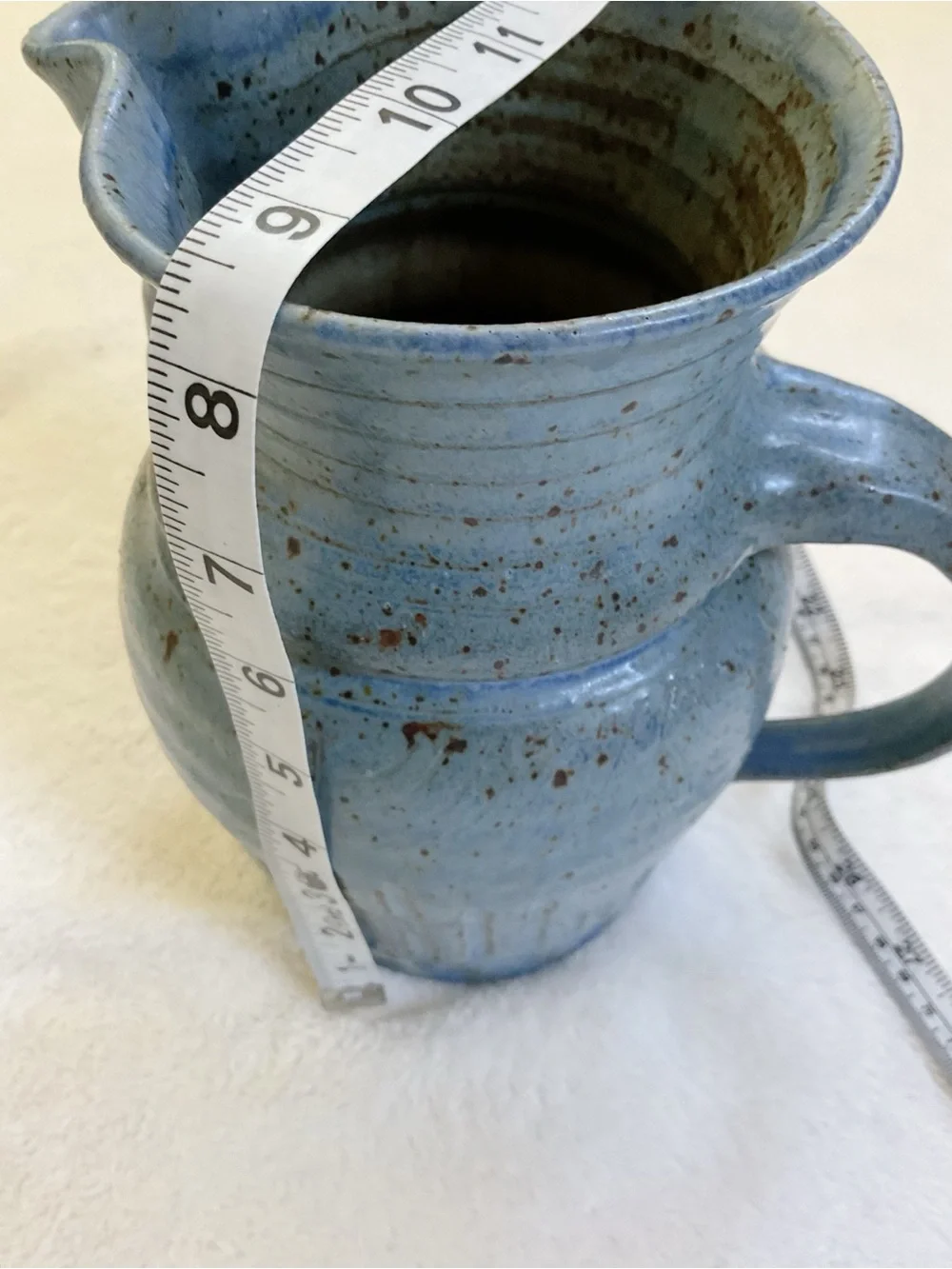 Signed Studio Art Pottery Pitcher Vase Blue Speckled Stoneware 8.25”
